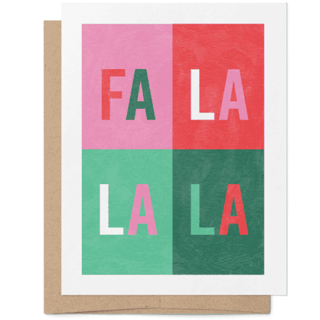 Fa La La La Christmas card with bold block letters on four painted squares of pink, red, mint green, and deep green